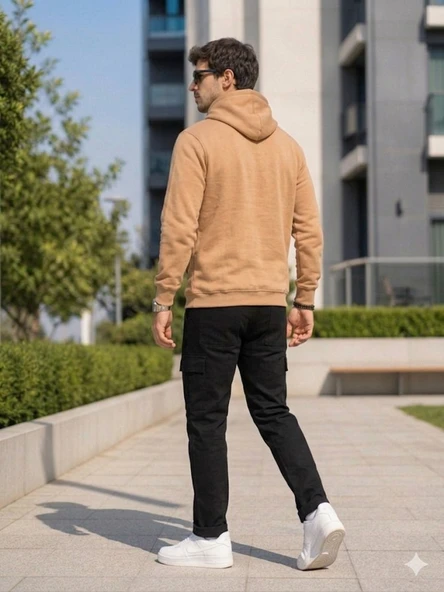 Erkek Bej Kapşonlu Sweatshirt - Resim 3