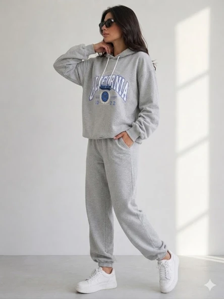 Kadın Gri Kapşonlu Sweatshirt - Resim 2