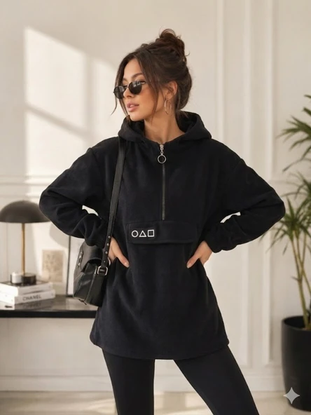 Kadın Siyah Kapşonlu Polar Sweatshirt - Resim 2