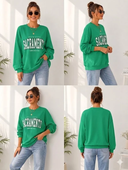 Kadın Yeşil Bisiklet Yaka Sweatshirt - Resim 4