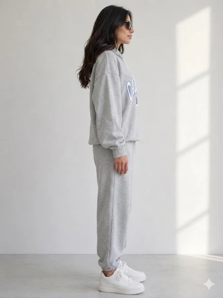 Kadın Gri Kapşonlu Sweatshirt - Resim 3