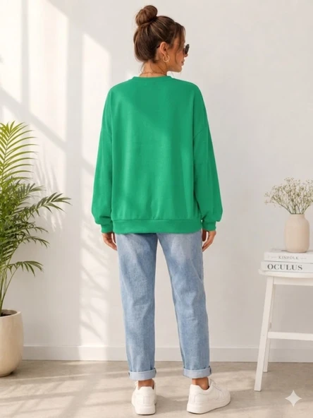 Kadın Yeşil Bisiklet Yaka Sweatshirt - Resim 3