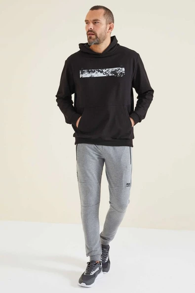 Erkek Siyah Kapşonlu Sweatshirt - Resim 3