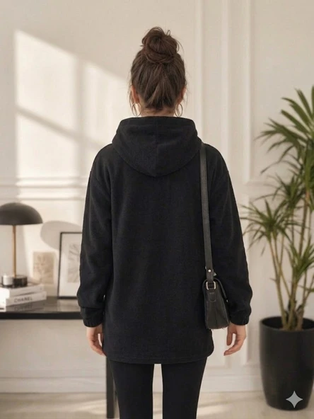 Kadın Siyah Kapşonlu Polar Sweatshirt - Resim 4