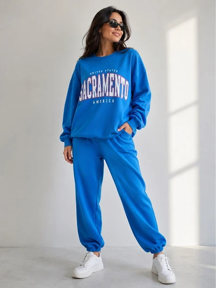 Kadın Mavi Bisiklet Yaka Sweatshirt - Resim 2