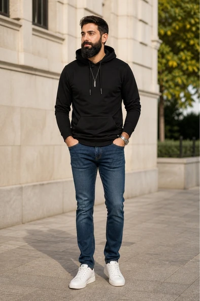 Erkek Siyah Kapşonlu Sweatshirt ürün görseli 1