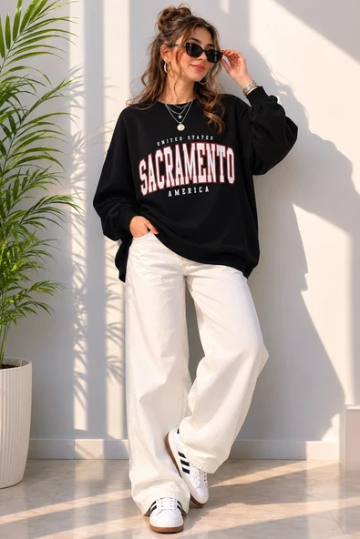 Kadın Siyah Bisiklet Yaka Sweatshirt ürün görseli 1