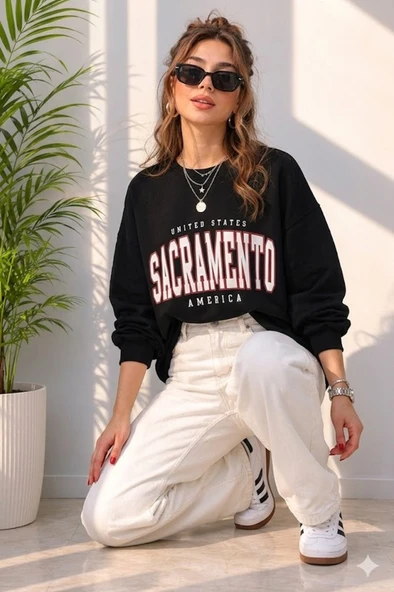 Kadın Siyah Bisiklet Yaka Sweatshirt - Resim 2