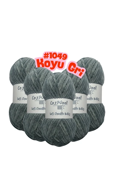 Coziwool Kadife El Örgü İpliği Soft Chenille Bulky 5'li paket, 5X100 Gr. 120 Mt. %100 Mikro Polyester Koyu Gri ürün görseli 1