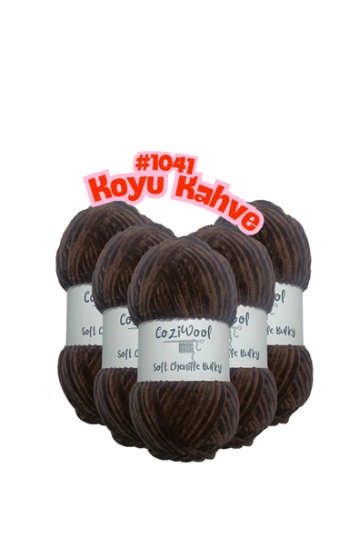Coziwool Kadife El Örgü İpliği Soft Chenille Bulky 5'li paket, 5X100 Gr. 120 Mt. %100 Mikro Polyester Koyu Kahve ürün görseli 1