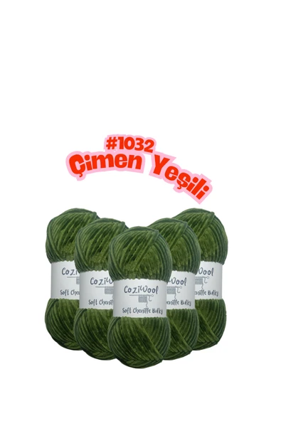 Coziwool Kadife El Örgü İpliği Soft Chenille Bulky 5'li paket, 5X100 Gr. 120 Mt. %100 Mikro Polyester Çimen Yeşili ürün görseli 1