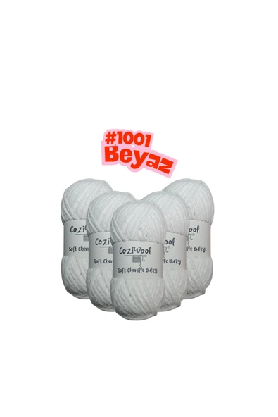Coziwool Kadife El Örgü İpliği Soft Chenille Bulky 5'li paket, 5X100 Gr. 120 Mt. %100 Mikro Polyester Beyaz ürün görseli 1