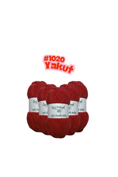 Coziwool Kadife El Örgü İpliği Soft Chenille Bulky 5'li paket, 5X100 Gr. 120 Mt. %100 Mikro Polyester Yakut ürün görseli 1