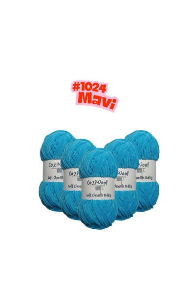 Coziwool Kadife El Örgü İpliği Soft Chenille Bulky 5'li paket, 5X100 Gr. 120 Mt. %100 Mikro Polyester Mavi ürün görseli 1