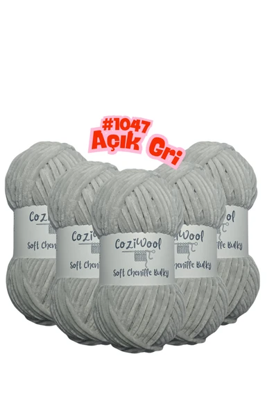 Coziwool Kadife El Örgü İpliği Soft Chenille Bulky 5'li paket, 5X100 Gr. 120 Mt. %100 Mikro Polyester Açık Gri ürün görseli 1
