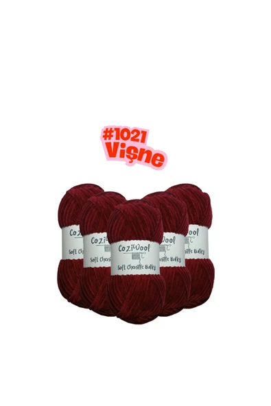 Coziwool Kadife El Örgü İpliği Soft Chenille Bulky 5'li paket, 5X100 Gr. 120 Mt. %100 Mikro Polyester Vişne ürün görseli 1