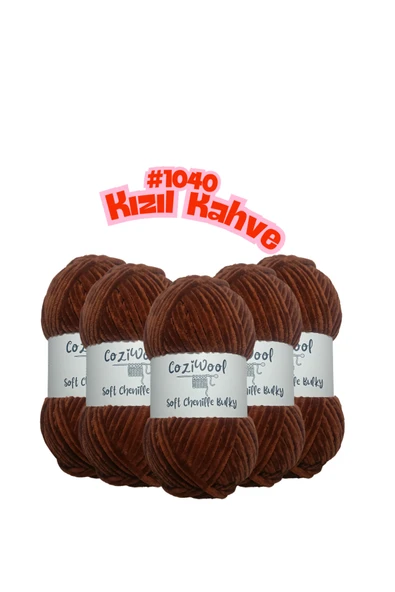 Coziwool Kadife El Örgü İpliği Soft Chenille Bulky 5'li paket, 5X100 Gr. 120 Mt. %100 Mikro Polyester Kızıl Kahve ürün görseli 1