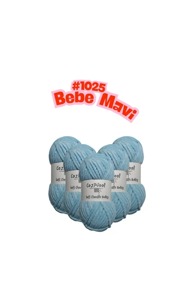 Coziwool Kadife El Örgü İpliği Soft Chenille Bulky 5'li paket, 5X100 Gr. 120 Mt. %100 Mikro Polyester Bebe Mavi ürün görseli 1