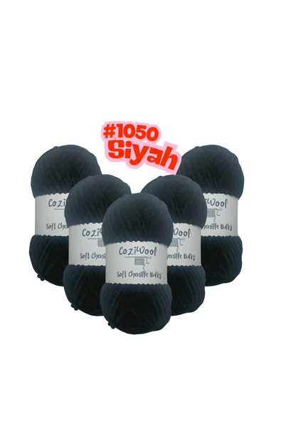 Coziwool Kadife El Örgü İpliği Soft Chenille Bulky 5'li paket, 5X100 Gr. 120 Mt. %100 Mikro Polyester Siyah ürün görseli 1
