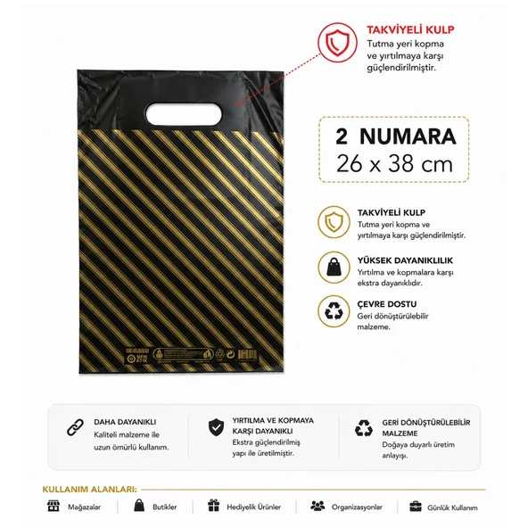 50 adet siyah çizgili 2 No ( 26x38 cm ) Takviyeli El Geçme Baskılı Poşet ürün görseli 1