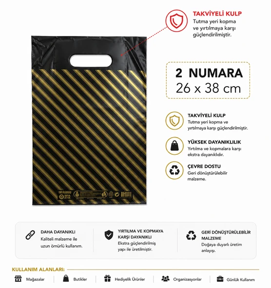50 adet siyah çizgili 2 No ( 26x38 cm ) Takviyeli El Geçme Baskılı Poşet ürün görseli 1