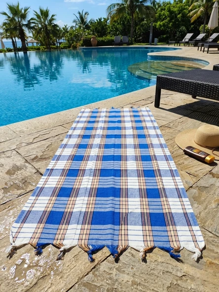 LUDIA %100 Pamuk Ekose Peştemal Havlu Mavi Çizgili Saçaklı Plaj ve Banyo Peştemali 79x190 cm ürün görseli 1