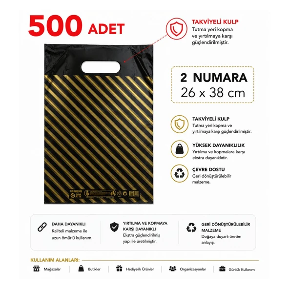 500 adet siyah çizgili 2 No ( 26x38 cm ) Takviyeli El Geçme Baskılı Poşet siyah çizgili ürün görseli 1