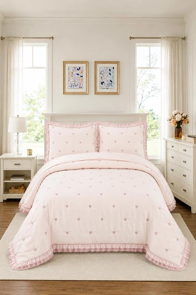 Nove Kalp Elyaf Dolgulu Çift Kişilik 240x260 Cm Yatak Örtüsü Pudra ürün görseli 1