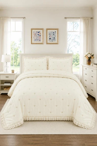 Nove Kalp Elyaf Dolgulu Çift Kişilik 240x260 Cm Yatak Örtüsü Krem ürün görseli 1