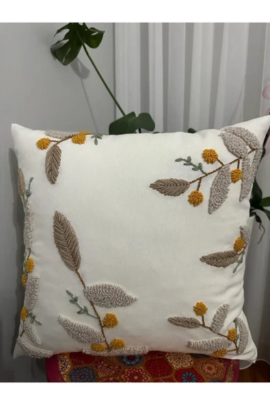 Kırlent Kılıfı Yapraklı %100 El Yapımı 43x43 Ekru ürün görseli 1