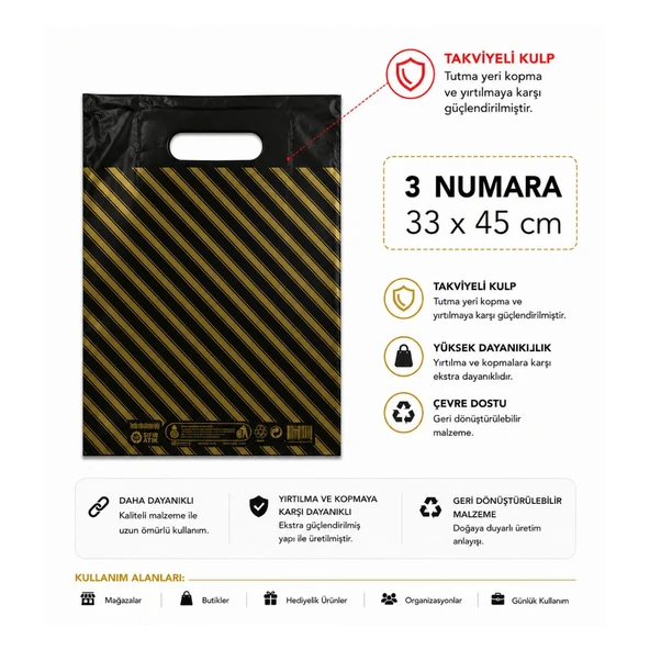 50 adet siyah çizgili  3 No ( 33 x 45 cm ) Takviyeli El Geçme Baskılı Poşet ürün görseli 1