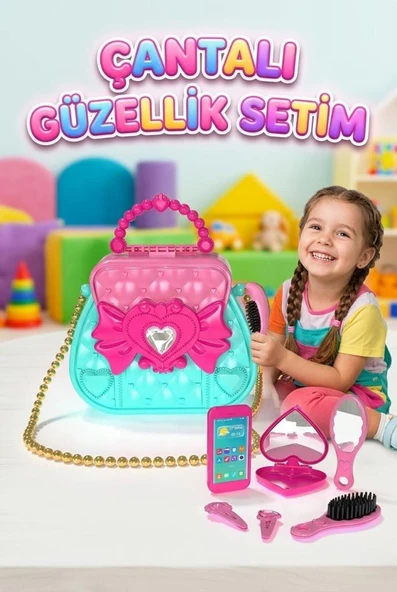 Fiyonklu ve Zincirli  Oyuncak Kol Çantası - Aynalı ve Telefonlu Güzellik ve Takı Seti ürün görseli 1