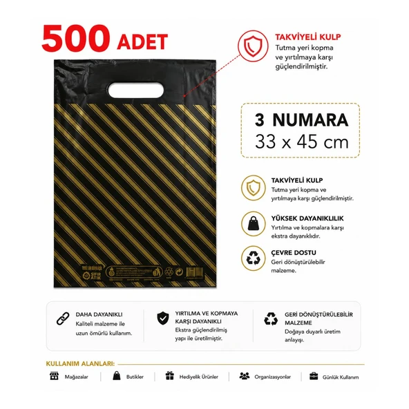500 adet siyah çizgili 3 No ( 33 x 45 cm ) Takviyeli El Geçme Baskılı Poşet ürün görseli 1