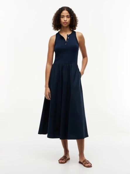 GOLD BUTTON POPLIN MIX DRESS Kadın Mavi Elbise - WW0WW49628 ürün görseli 1