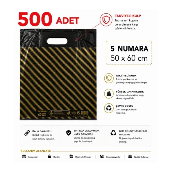 500 adet siyah çizgili  5 No ( 50 x 60 cm ) Takviyeli El Geçme Baskılı Poşet ürün görseli 1