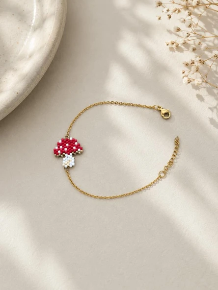 Minimal Tasarım Kırmızı Beyaz Mantar Charm Bileklik ürün görseli 1