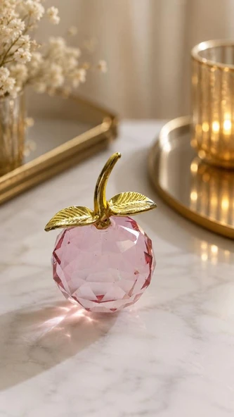 Pembe Kristal Cam Elma Biblo 10.5 Cm Dekoratif Masa Üstü Obje Gold Yapraklı Lüks Ofis Salon Aksesuarı ürün görseli 1
