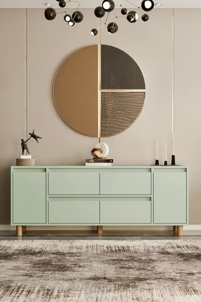 Moldesan Mila Mint Yeşili MDF 180 cm raflı kapaklı konsol ürün görseli 1