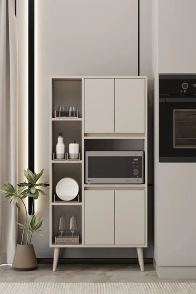 Moldesan LİNEA BEJ MDF ÇOK AMAÇLI FIRIN DOLABI RAFLI,KAPAKLI 80x32x140 cm ürün görseli 1