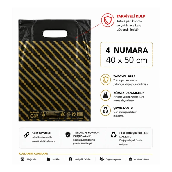 50 adet siyah çizgili  4 No ( 40 x 50 cm ) Takviyeli El Geçme Baskılı Poşet ürün görseli 1