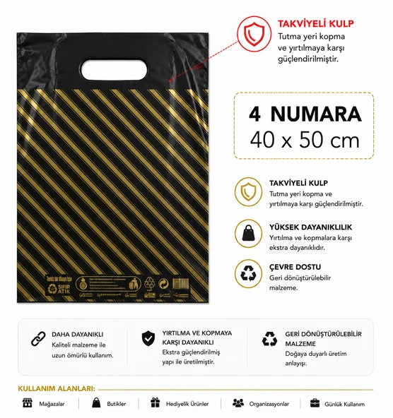 50 adet siyah çizgili  4 No ( 40 x 50 cm ) Takviyeli El Geçme Baskılı Poşet ürün görseli 1