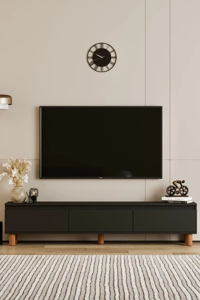 Moldesan MİLA SİYAH MDF 180 CM TV ÜNİTESİ-RAFLI,KAPAKLI,AYAKLI ürün görseli 1