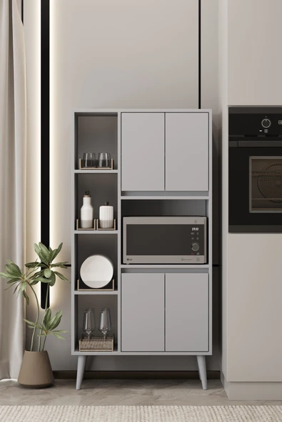 Moldesan LİNEA SİS GRİ MDF ÇOK AMAÇLI FIRIN DOLABI RAFLI,KAPAKLI 80x32x140 cm ürün görseli 1