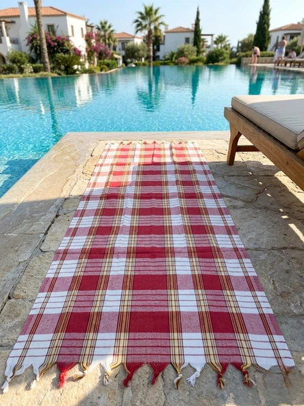 LUDIA %100 Pamuk Ekose Desenli Kırmızı Peştemal Havlu 79x190 cm ürün görseli 1