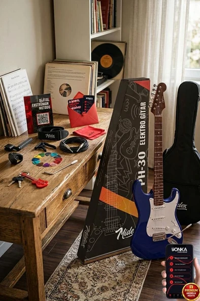 Midex RPH-30WBL Mavi Beyaz Gül Klavye Strat Kasa SSS Elektro Gitar Seti ürün görseli 1