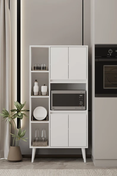 Moldesan LİNEA BEYAZ MDF ÇOK AMAÇLI FIRIN DOLABI RAFLI,KAPAKLI 80x32x140 cm ürün görseli 1