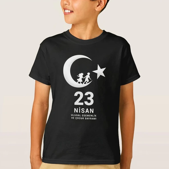 Çocuk 23 Nisan Ulusal Egemenlik ve Çocuk Bayramı Baskılı Bisiklet Yaka T-shirt - Siyah ürün görseli 1