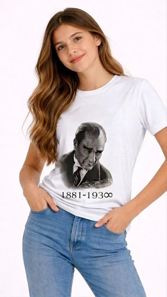 Kız Çocuk Atatürk Baskılı Tişört Kısa Kollu Bisiklet Yaka T-Shirt - Beyaz ürün görseli 1