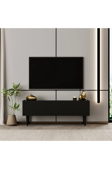 Enwood Capella Tv Ünitesi siyah MDF 120 cm ayaklı kapaklı raflı ürün görseli 1