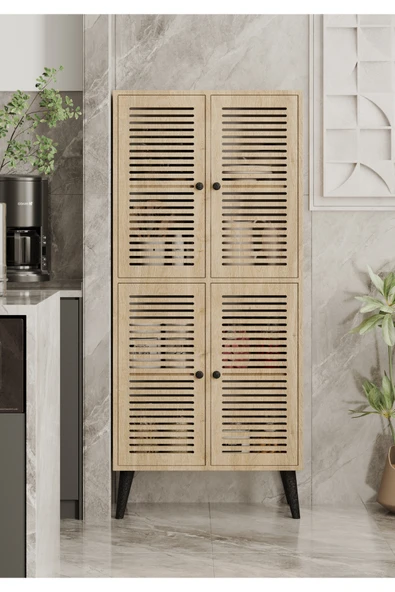 Enwood DENEB MDF SAFİR MEŞE 4 KAPAKLI(PANJUR KAPAK) AHŞAP AYAKLI KİLER DOLABI ürün görseli 1